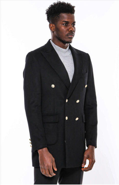 Metal Buttoned Double Breasted Black Men Long Coat - Wessi