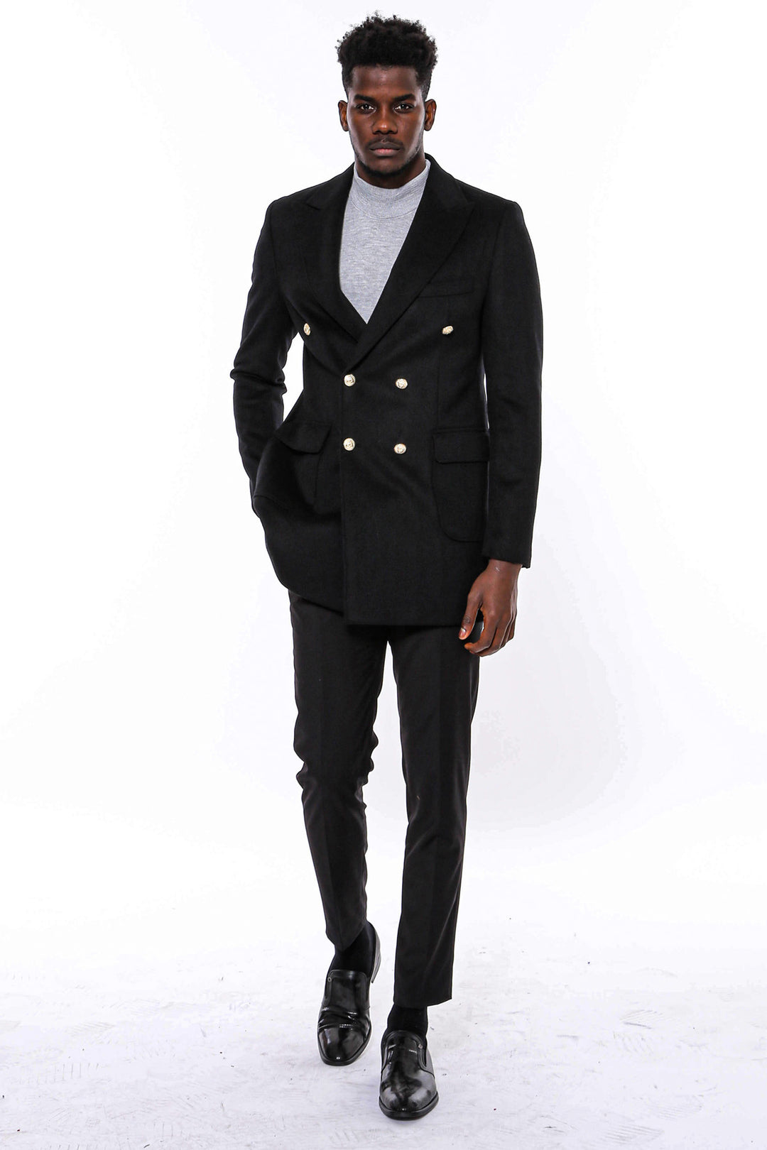 Metal Buttoned Double Breasted Black Men Long Coat - Wessi