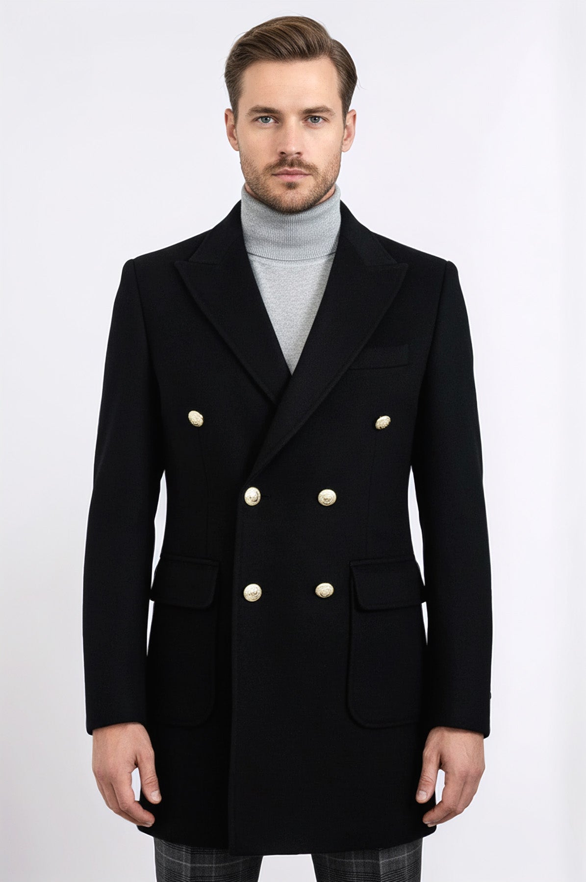 Metal Buttoned Double Breasted Black Men Long Coat - Wessi – Wessi