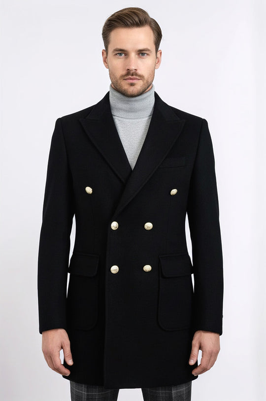 Metal Buttoned Double Breasted Black Men Long Coat - Wessi