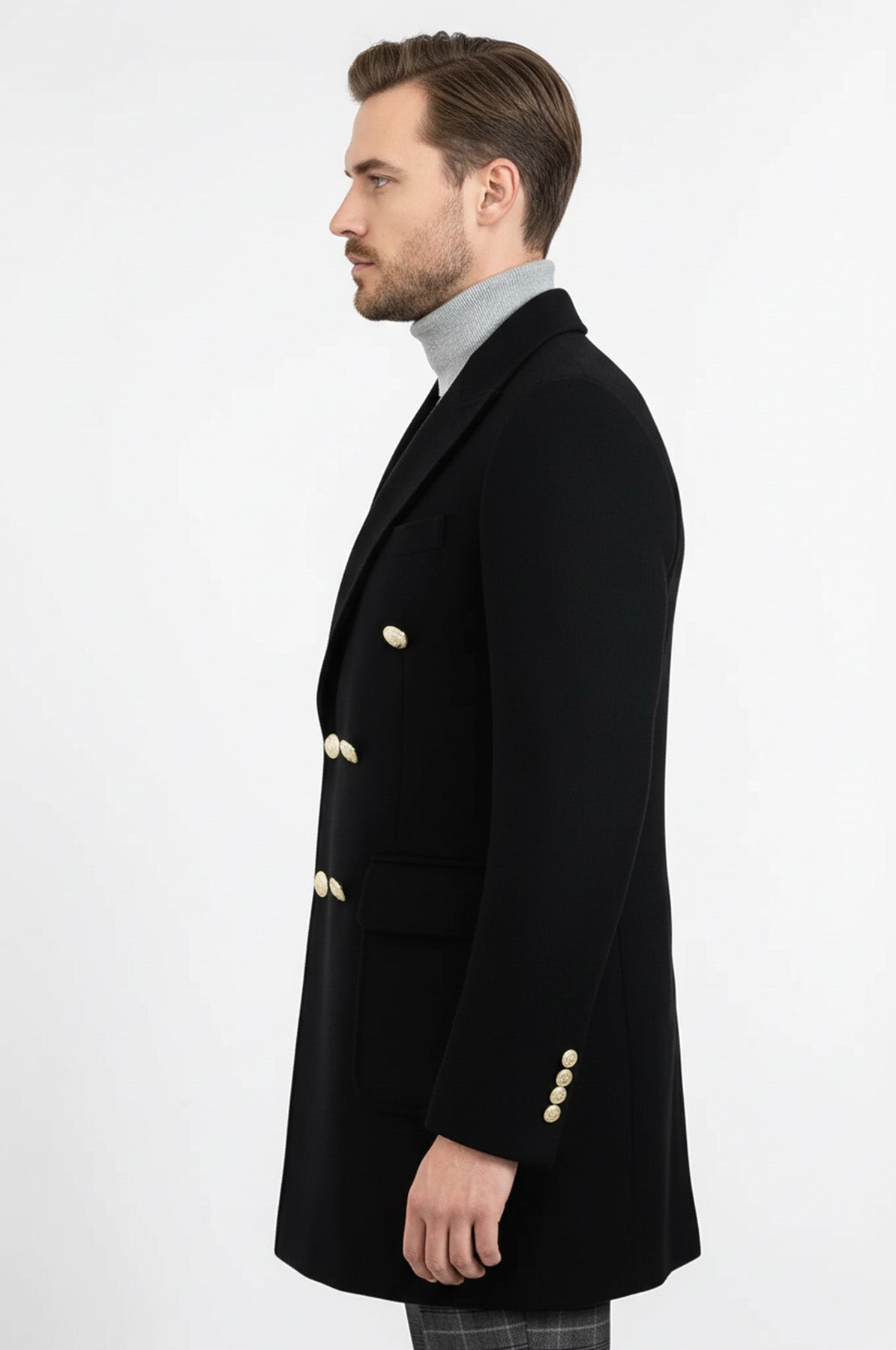 Metal Buttoned Double Breasted Black Men Long Coat - Wessi – Wessi