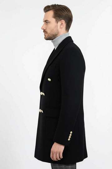 Metal Buttoned Double Breasted Black Men Long Coat - Wessi