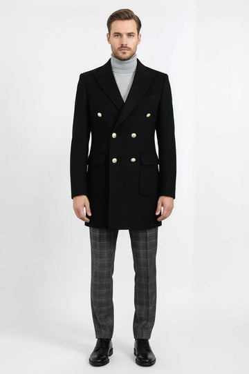 Metal Buttoned Double Breasted Black Men Long Coat - Wessi