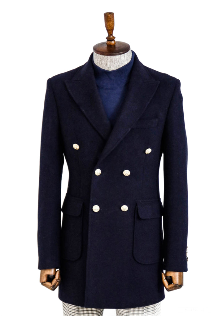 Navy Blue Metal Buttoned Double Breasted Long Coat - Wessi