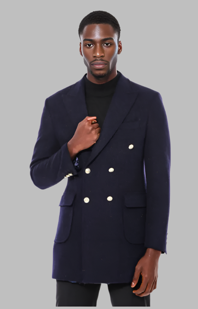 Navy Blue Metal Buttoned Double Breasted Long Coat - Wessi