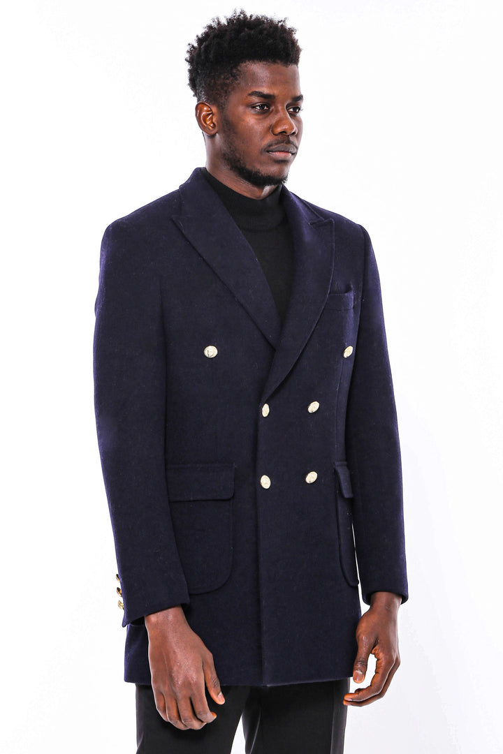 Navy Blue Metal Buttoned Double Breasted Long Coat - Wessi