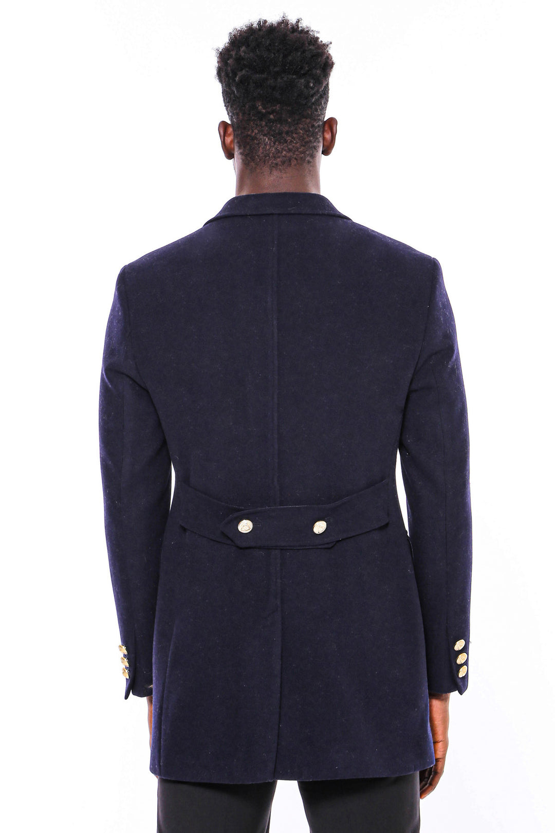 Navy Blue Metal Buttoned Double Breasted Long Coat - Wessi