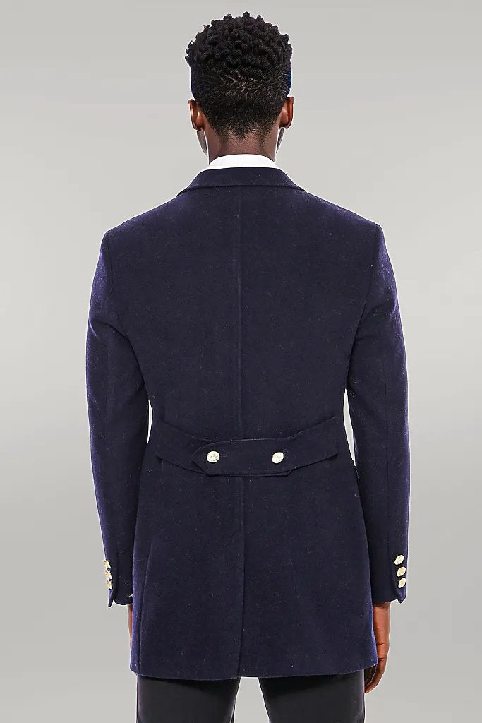 Navy Blue Metal Buttoned Double Breasted Long Coat - Wessi