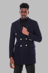 Navy Blue Metal Buttoned Double Breasted Long Coat - Wessi