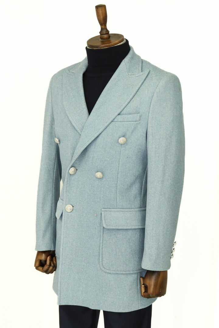 Metal Buttons Wool Cashmere Light Blue Men Double Breasted Coat - Wessi