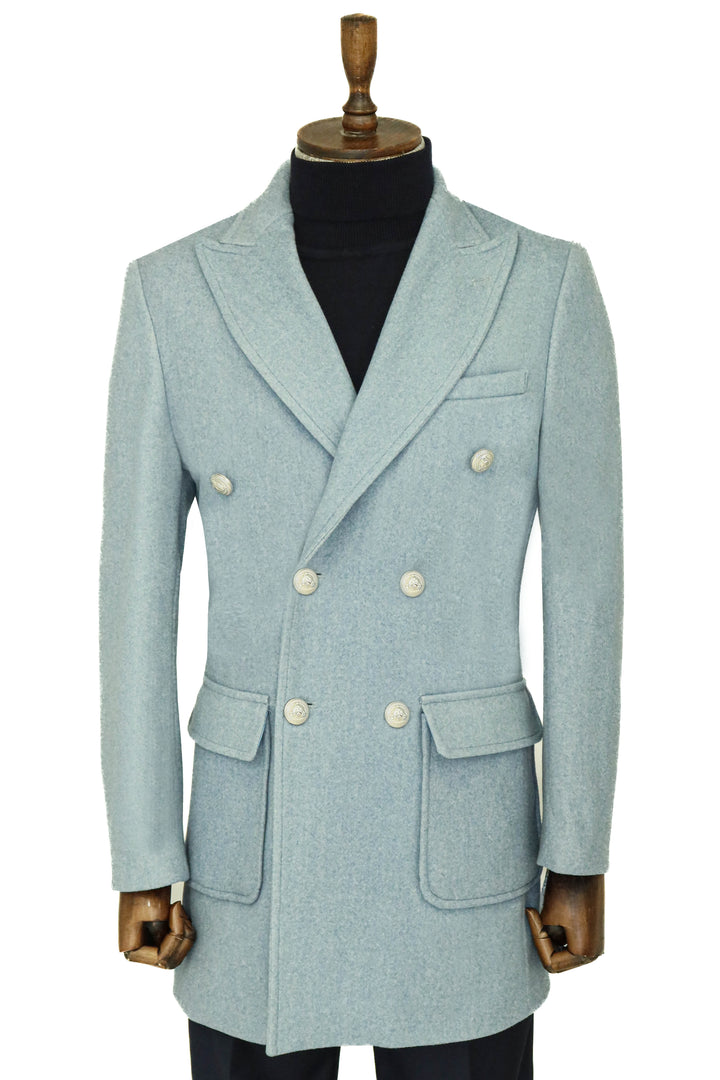 Metal Buttons Wool Cashmere Light Blue Men Double Breasted Coat - Wessi
