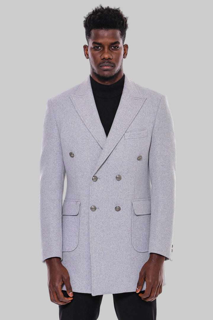 Grey Metal Buttoned Double Breasted Long Coat - Wessi