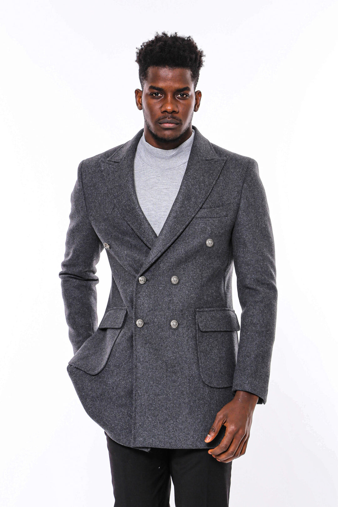 Dark Grey Metal Buttoned Double Breasted Long Coat - Wessi