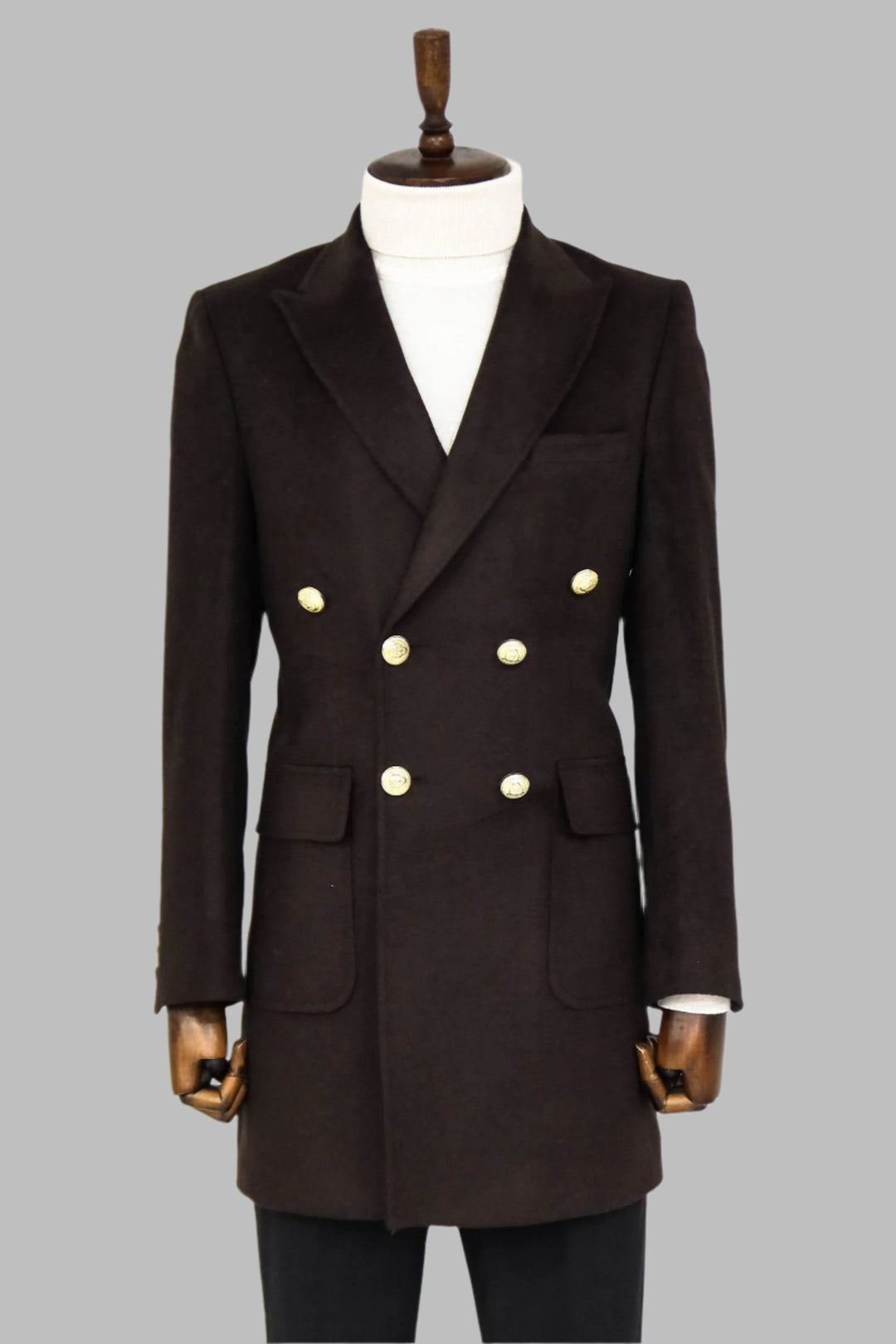 Brown Metal Buttoned Double Breasted Long Coat - Wessi