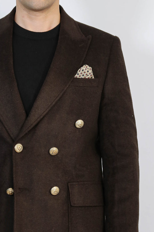 Brown Double-Breasted Coat, Black Sweater, Black Pants Outfit - Wessi - Winter Season Elegance