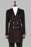 Brown Metal Buttoned Double Breasted Long Coat - Wessi