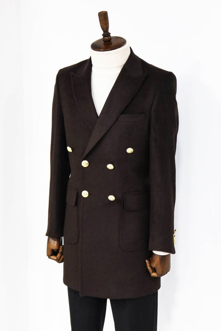 Brown Metal Buttoned Double Breasted Long Coat - Wessi