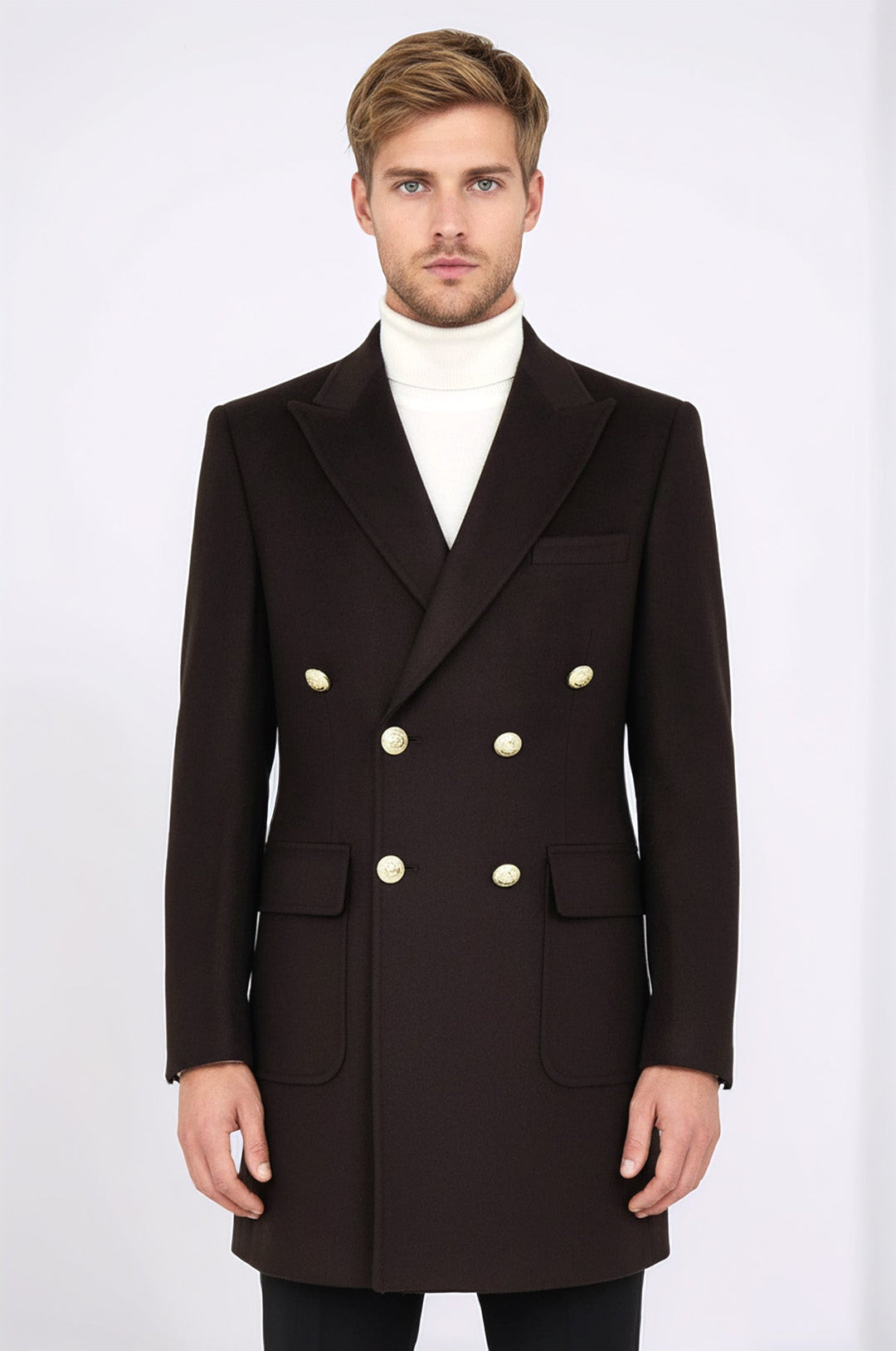 Brown Metal Buttoned Double Breasted Long Coat - Wessi