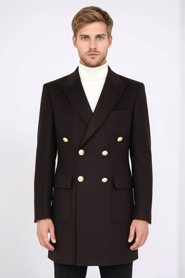 Brown Metal Buttoned Double Breasted Long Coat - Wessi