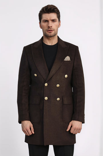 Brown Double-Breasted Coat, Black Sweater, Black Pants Outfit - Wessi - Winter Season Elegance