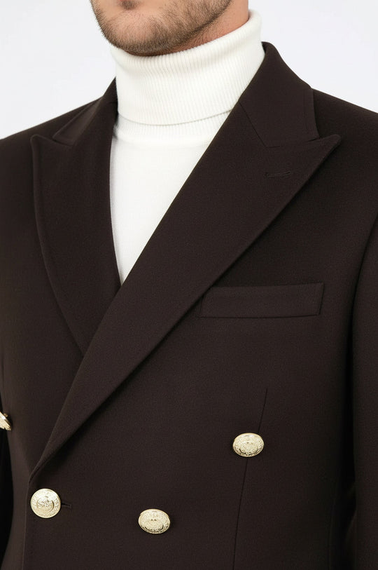 Brown Metal Buttoned Double Breasted Long Coat - Wessi