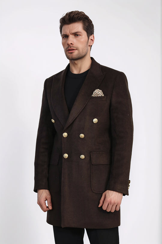 Brown Double-Breasted Coat, Black Sweater, Black Pants Outfit - Wessi - Winter Season Elegance