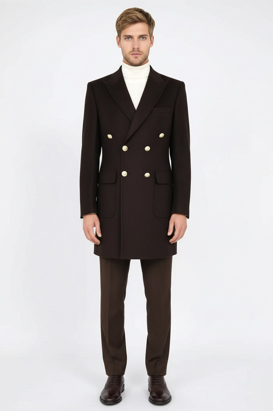 Brown Metal Buttoned Double Breasted Long Coat - Wessi