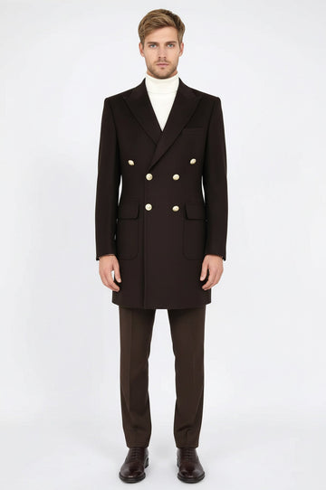 Brown Metal Buttoned Double Breasted Long Coat - Wessi
