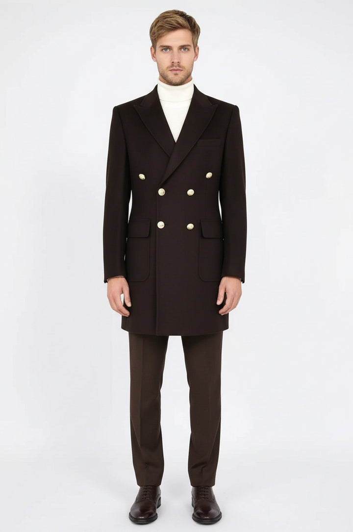 Brown Metal Buttoned Double Breasted Long Coat - Wessi
