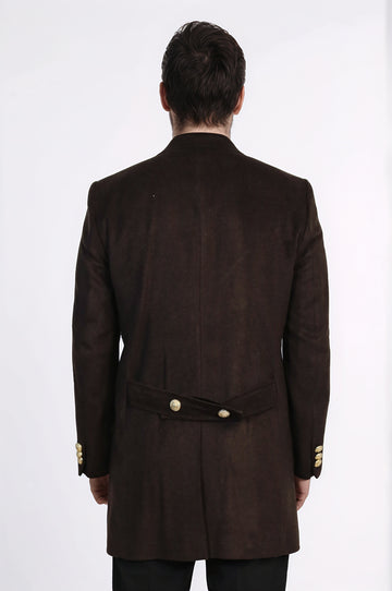 Brown Double-Breasted Coat, Black Sweater, Black Pants Outfit - Wessi - Winter Season Elegance