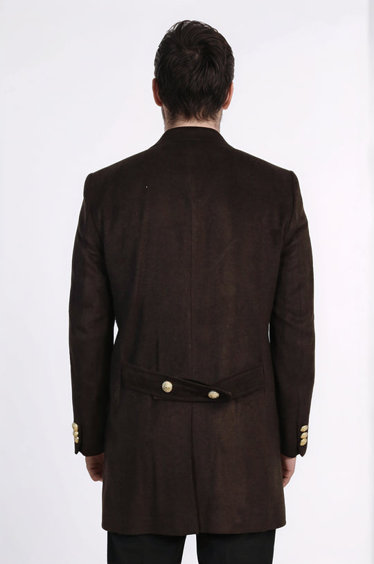 Brown Double-Breasted Coat, Black Sweater, Black Pants Outfit - Wessi - Winter Season Elegance