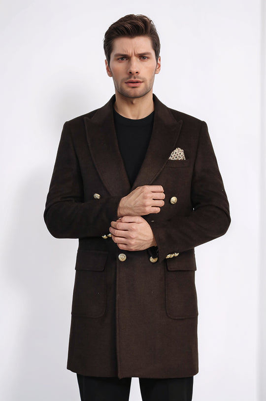Brown Double-Breasted Coat, Black Sweater, Black Pants Outfit - Wessi - Winter Season Elegance