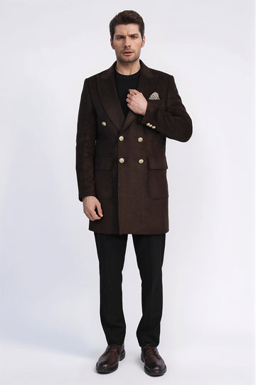 Brown Double-Breasted Coat, Black Sweater, Black Pants Outfit - Wessi - Winter Season Elegance