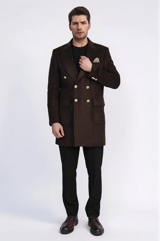 Brown Double-Breasted Coat, Black Sweater, Black Pants Outfit - Wessi - Winter Season Elegance