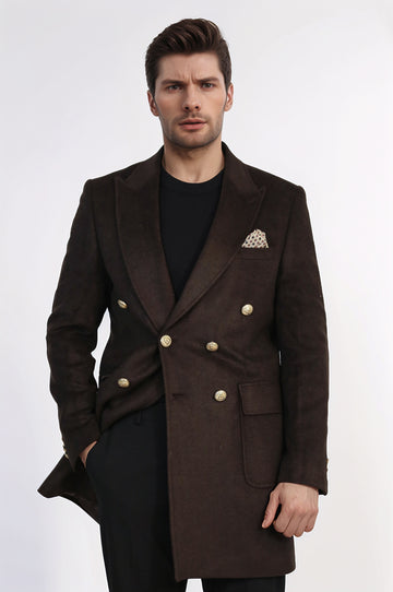 Brown Double-Breasted Coat, Black Sweater, Black Pants Outfit - Wessi - Winter Season Elegance