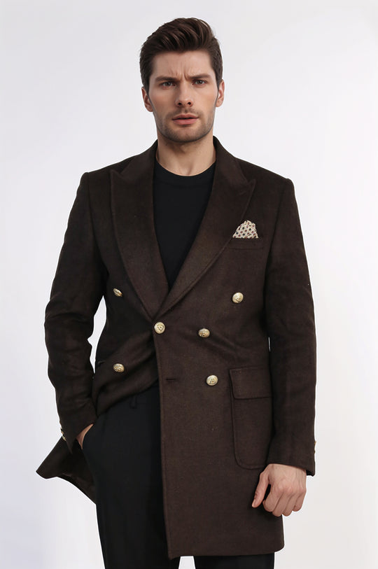 Brown Double-Breasted Coat, Black Sweater, Black Pants Outfit - Wessi - Winter Season Elegance