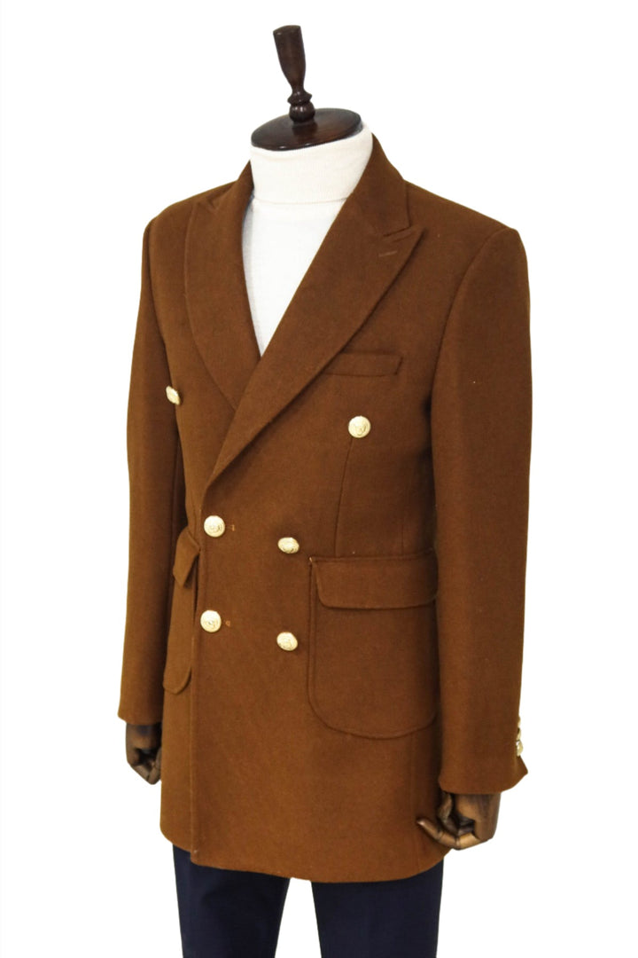 Metal Buttoned Double Breasted Tan Men Coat - Wessi