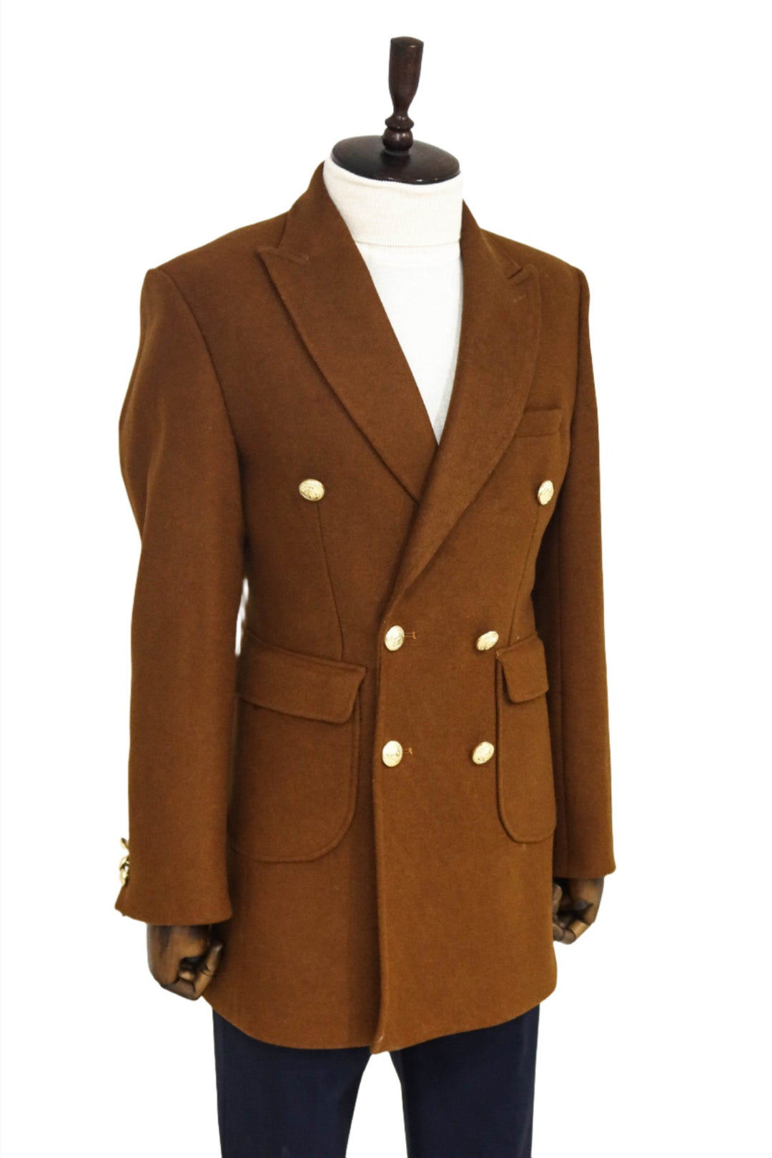 Metal Buttoned Double Breasted Tan Men Coat - Wessi