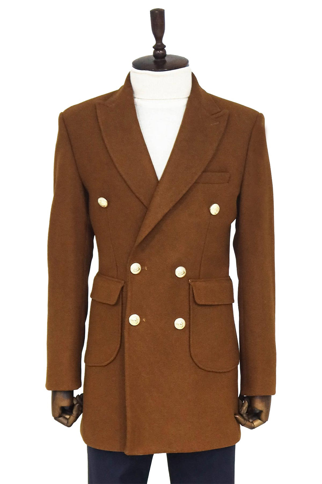 Metal Buttoned Double Breasted Tan Men Coat - Wessi