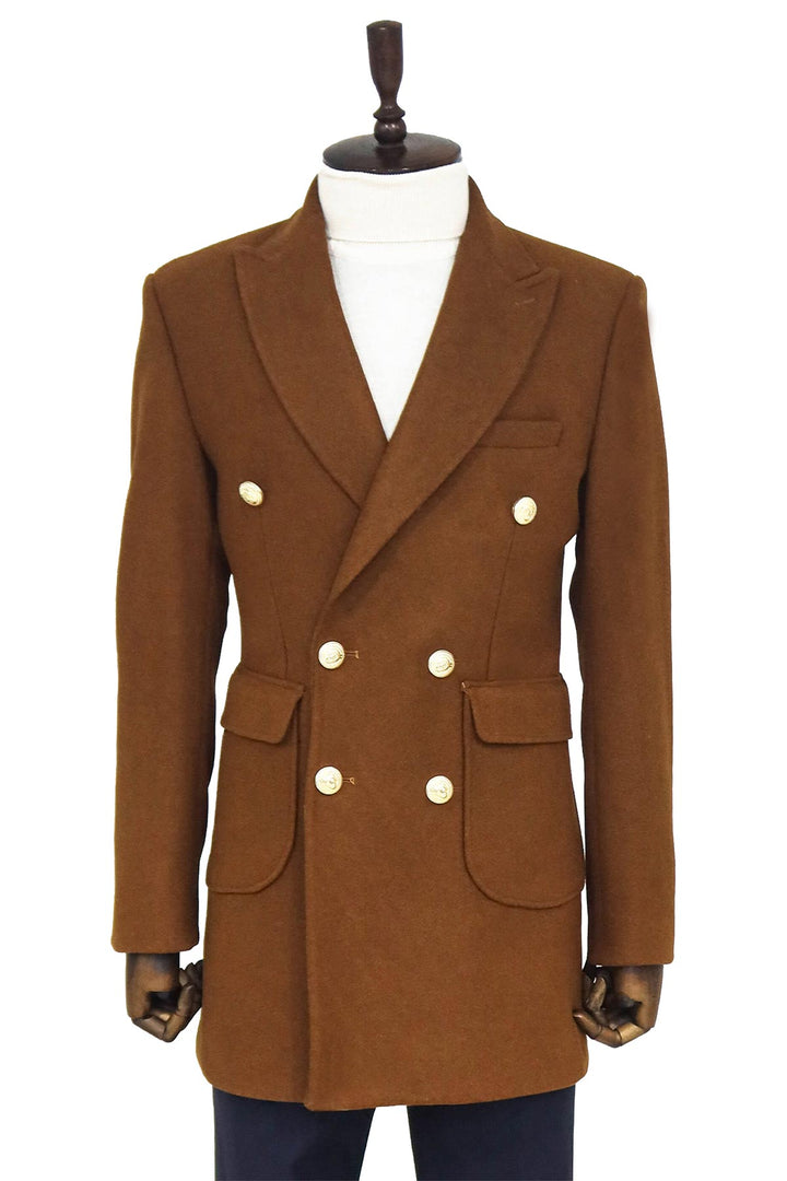 Metal Buttoned Double Breasted Tan Men Coat - Wessi