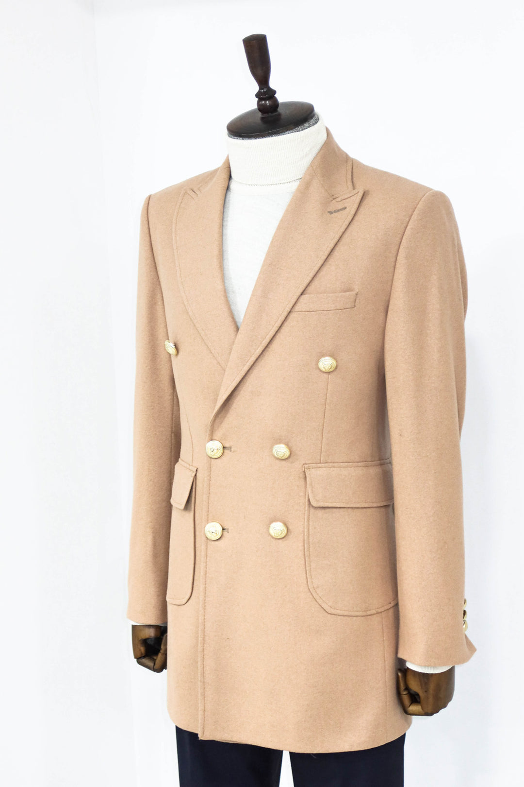 Metal Buttoned Double Breasted Cream Men Coat - Wessi