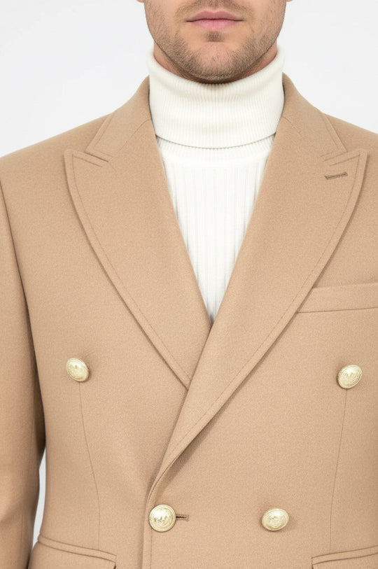 معطف رجالي كريمي بأزرار معدنية مزدوجة الصدر - ويسي