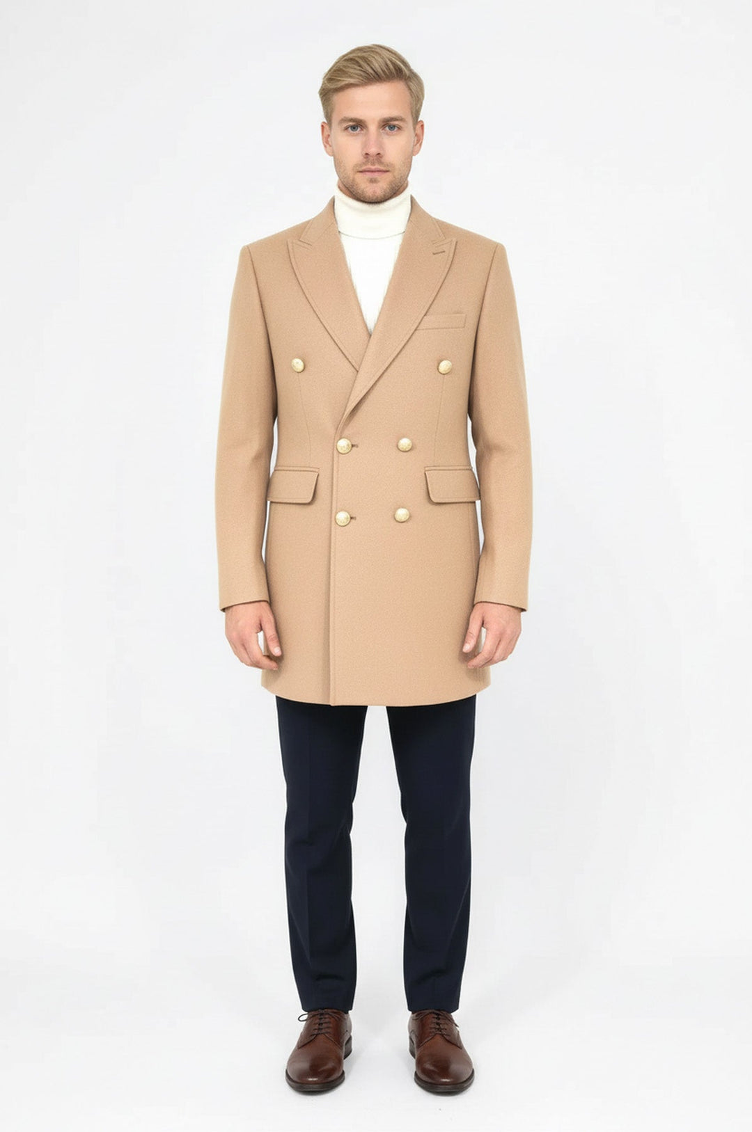 Metal Buttoned Double Breasted Cream Men Coat - Wessi