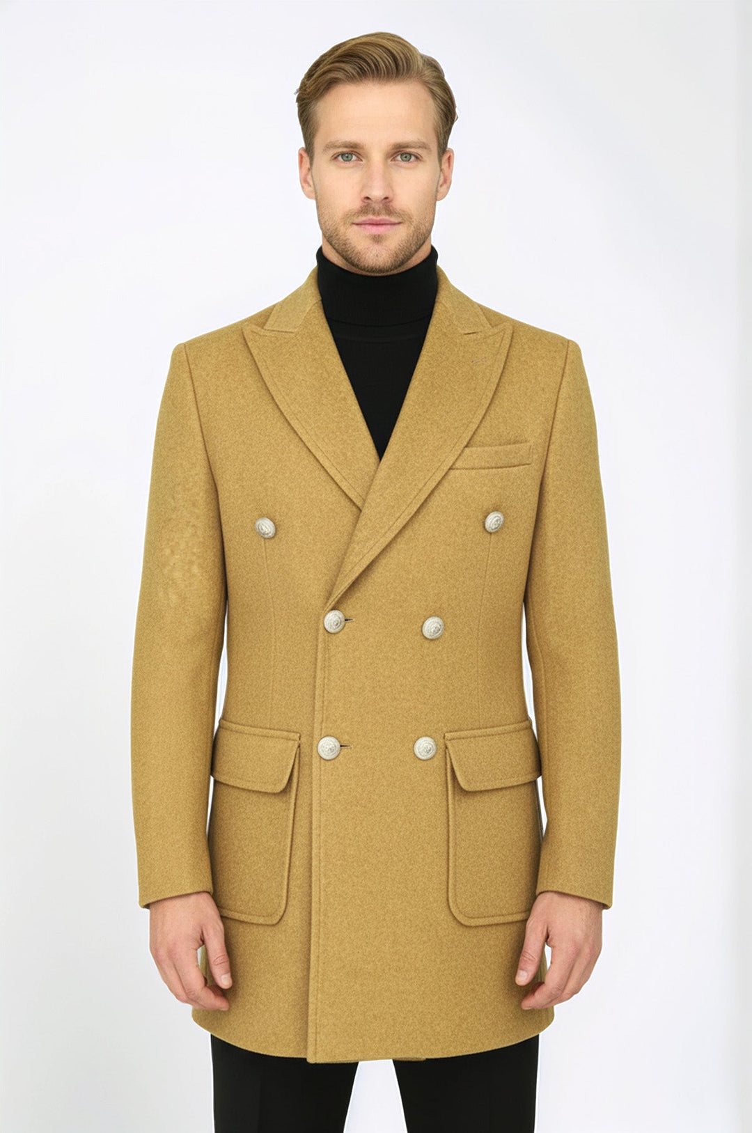 Metal Buttons Wool Cashmere Tan Men Double Breasted Coat - Wessi