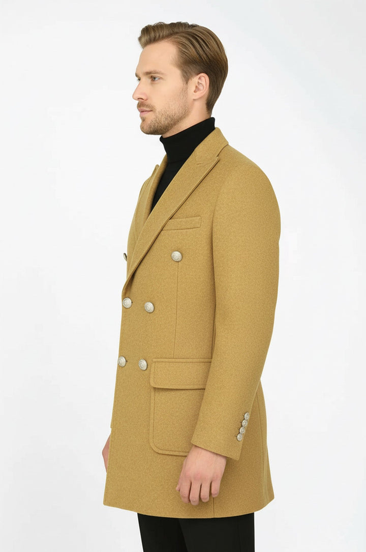 Metal Buttons Wool Cashmere Tan Men Double Breasted Coat - Wessi