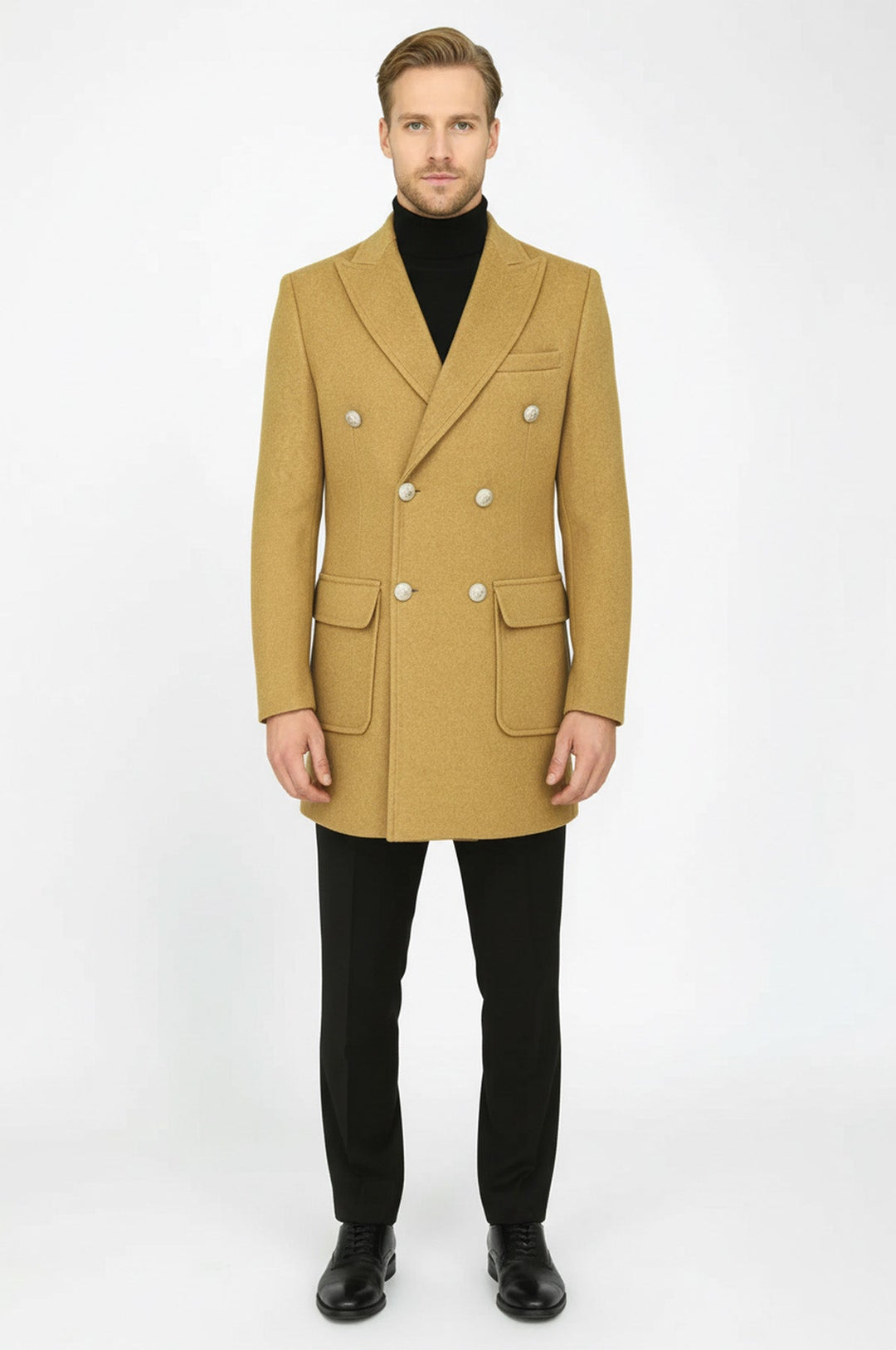 Metal Buttons Wool Cashmere Tan Men Double Breasted Coat - Wessi