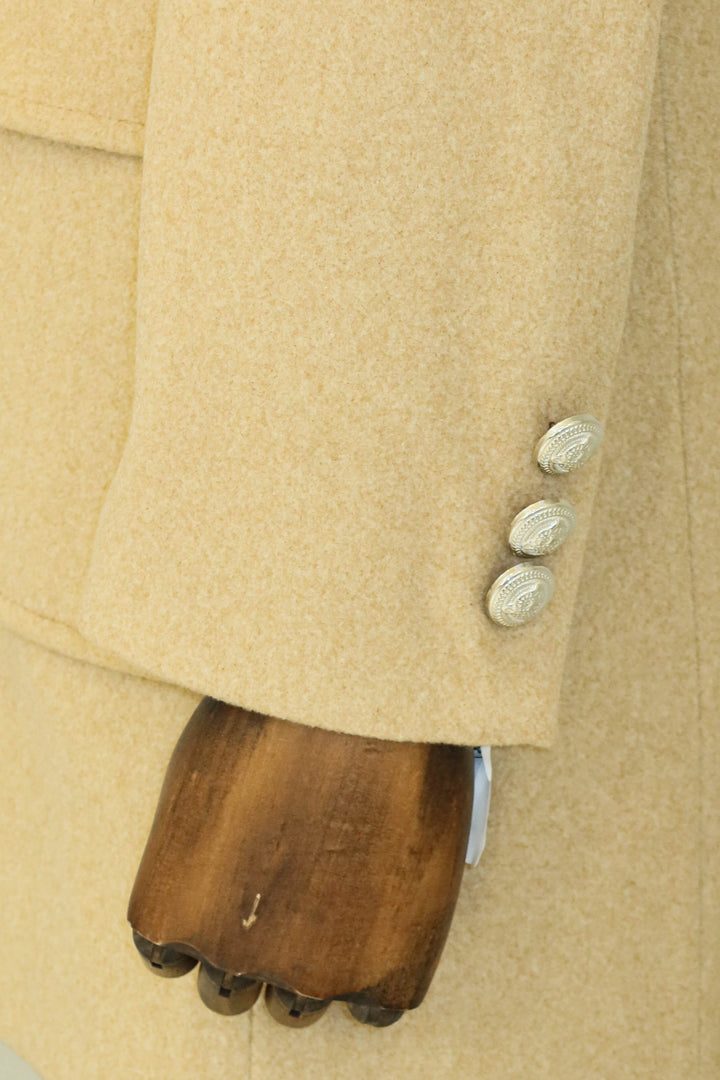 Metal Buttons Wool Cashmere Beige Men Double Breasted Coat - Wessi