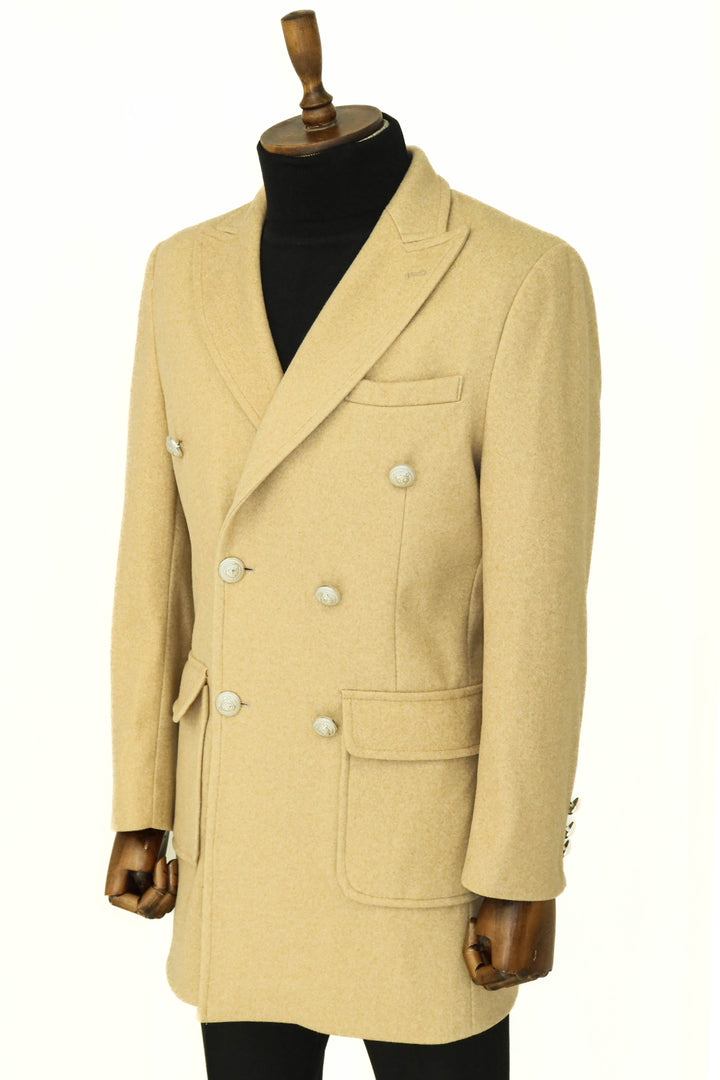 Metal Buttons Wool Cashmere Beige Men Double Breasted Coat - Wessi