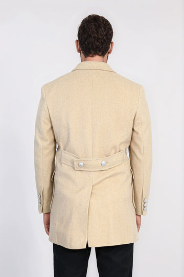 Metal Buttons Wool Cashmere Beige Men Double Breasted Coat - Wessi