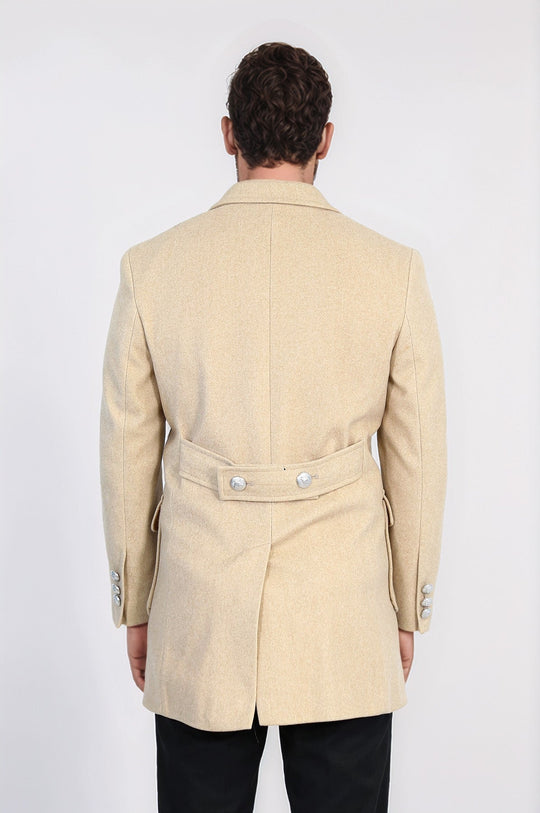 Metal Buttons Wool Cashmere Beige Men Double Breasted Coat - Wessi